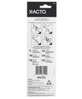 X-ACTO #2 knife packaging back with safety-cap diagrams, barcode, and X-ACTO logo