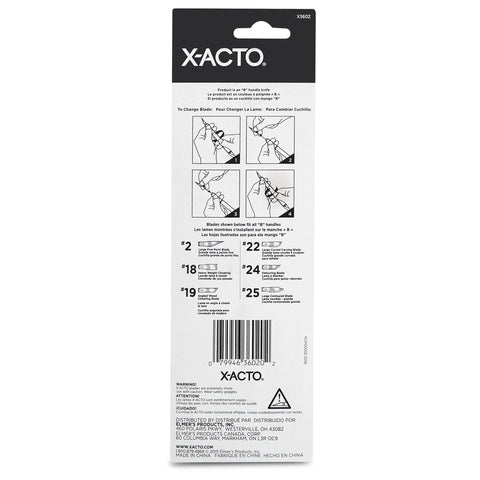 X-ACTO #2 knife packaging back with safety-cap diagrams, barcode, and X-ACTO logo