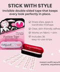 Double Sided Fashion Tape And Body Tape 36 Strips For Women Latex Free Dress Hold Steady Secure Fit in pink packaging with strips.