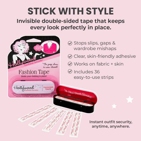 Double Sided Fashion Tape And Body Tape 36 Strips For Women Latex Free Dress Hold Steady Secure Fit in pink packaging with strips.