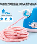Close-up of Automatic I Cord Knitting Machine Pro Electric I Cord Knitter with pink yarn, showing speed settings and controls.