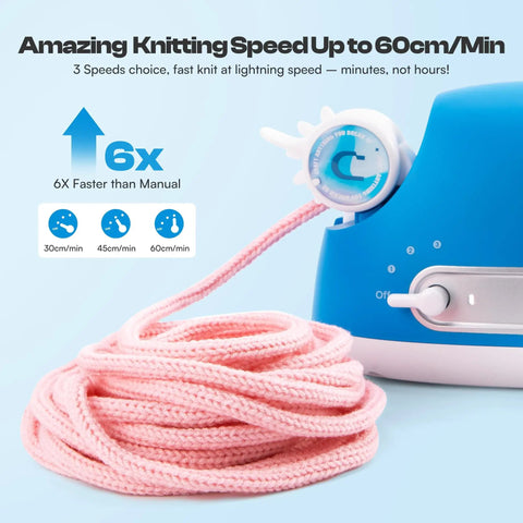 Close-up of Automatic I Cord Knitting Machine Pro Electric I Cord Knitter with pink yarn, showing speed settings and controls.