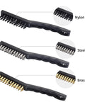 Three wire brushes showing nylon, steel, and brass bristles from the Eight-Piece Wire Brush Set With Heavy-Duty Scrapers And Brass, Nylon, And Stainless Steel Bristles For Rust, Paint, Slag, And Dust Cleanup, Grime Busting Tools For DIYers, Metalworking, Auto Shops And Garage Projects.