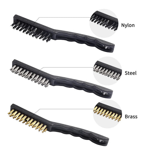 Three wire brushes showing nylon, steel, and brass bristles from the Eight-Piece Wire Brush Set With Heavy-Duty Scrapers And Brass, Nylon, And Stainless Steel Bristles For Rust, Paint, Slag, And Dust Cleanup, Grime Busting Tools For DIYers, Metalworking, Auto Shops And Garage Projects.