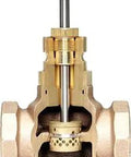 Cutaway view of 1 Inch 2 Way NC Valve With Brass Trim, Equal Percentage Flow, 10 CV, F To F Connections, 250 PSI ANSI 250 Rating, Made In USA