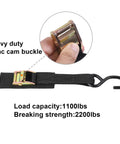 Cam Buckle Tie Down Straps 6 Ft Set Of 4 Heavy Duty 2200 Lb Break Strength With S Hooks, zinc buckle close-up view