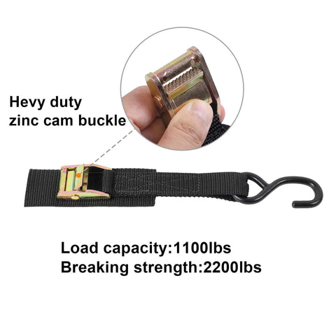 Cam Buckle Tie Down Straps 6 Ft Set Of 4 Heavy Duty 2200 Lb Break Strength With S Hooks, zinc buckle close-up view