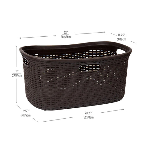 40L Laundry Basket Set Of 2 With Wicker Look Lightweight Plastic Hamper For Clothes Grab And Go Easy Carry Compact, dimensions shown