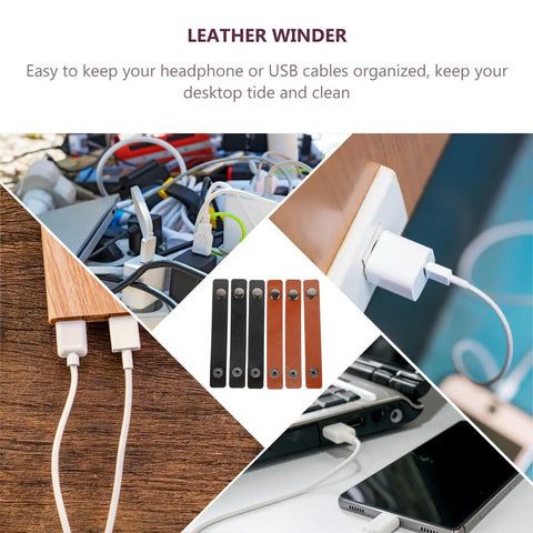 Six Piece Slick Leather Cable Straps For Usb Gadgets And Headphones Black Anti Tangle Wire Ties near tech gadgets.