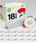 Two-Inch Recessed Led Lights With Junction Box For No Sweat Install Smooth Glow Dimmable Downlights Adjustable Color Temperature Ic Rated Round White Trim High Cri 90 120V To 277V Real Deal 18 Pack arrangement with a box and multiple downlights.
