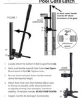 Installation instructions for Auto Push-Style Pool Gate Latch with gate post details; Child Safe Pool Gate Latch for chain link fences.