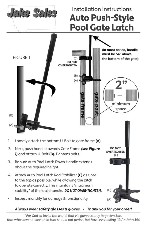 Installation instructions for Auto Push-Style Pool Gate Latch with gate post details; Child Safe Pool Gate Latch for chain link fences.