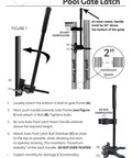 Installation guide for Pool Gate Latch for Chain Link Fences Kid Safe Push Style Lock shows parts with labeled measurements.
