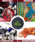 Slick EV Cable Carrier Bag For Electric Vehicle Charging Cables And RV Sewer Hose Organizer showing various cables.