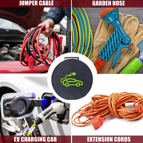 Slick EV Cable Carrier Bag For Electric Vehicle Charging Cables And RV Sewer Hose Organizer showing various cables.