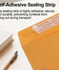 Close-up of 25 Pack Manila Self Seal Envelopes 9x12 Catalog Mailers With Kraft Finish showing self-adhesive strip for secure closure.