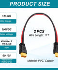 XT60 Extension Cable 1Ft 14AWG Beefy Male To Female Connector For RC Battery FPV Drone Solar Panel Portable Power Station