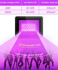Infographic of 2 Pack 100W IP66 Waterproof Black Light Flood Lights with beam angle and coverage details