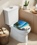 Elongated Palms tropical beach Toilet Seat on a white toilet, showcasing vibrant beach scenery, sturdy resin material.