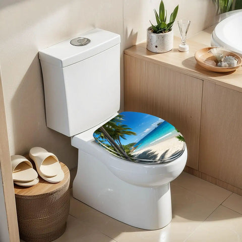 Elongated Palms tropical beach Toilet Seat on a white toilet, showcasing vibrant beach scenery, sturdy resin material.