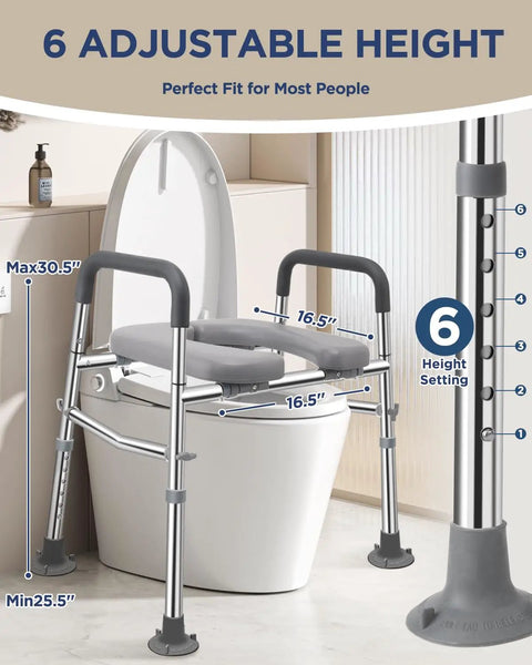 No Sweat Stainless Steel Toilet Seat Riser With Grip Handles And Plush Pad, Hefty 500 Lb Hold, Quick Height And Width Swaps, Solid Move Up For Seniors And Routine Mobility Tasks