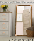Mirror and drawer with Twenty Piece Wood Applique Corner Onlay Set For DIY Furniture Decor Unpainted Carved Wood Decals.