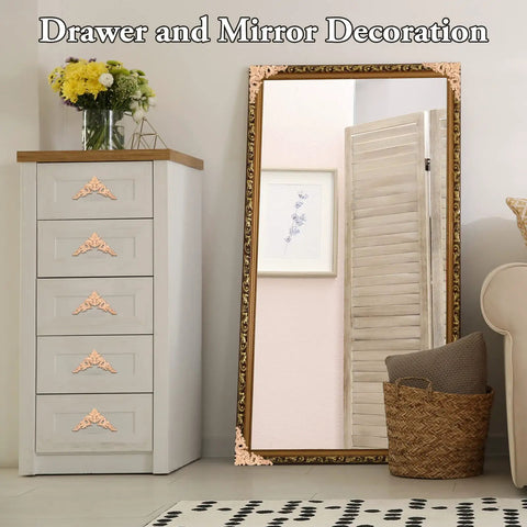 Mirror and drawer with Twenty Piece Wood Applique Corner Onlay Set For DIY Furniture Decor Unpainted Carved Wood Decals.