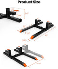 43 Inch Heavy Duty Clamp On Pallet Forks With Adjustable Stabilizer Bar For Tractor Bucket Loader Skid Steer 2000 Pounds Capacity Reinforced Square Steel Tubes For Heavy Lifting And Easy Pallet Transport, showing product dimensions and details.