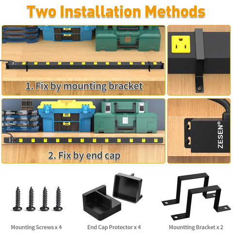 Heavy Duty 12 Outlet Industrial Power Strip With Wide Spaced Outlets And A 15 Foot Cord, 2100 Joules Surge Protection, 15A Circuit Breaker, Double Pole Protection, Metal Housing For Workshop Garage And Office Gear mounting bracket and end cap install