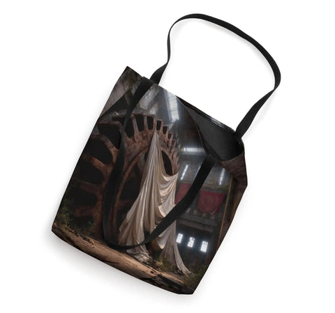 Chill Tote Bag With Industrial Gear From Abandoned Factory Machinery Print Heavy Duty Polyester Canvas 16 By 16 Inches double-stitched handles
