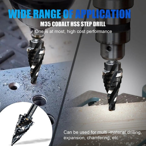 Four Spiral Flute M35 Cobalt Step Drill Bit Set One Quarter Inch Shank Three Piece Kit drilling metal surface in close-up