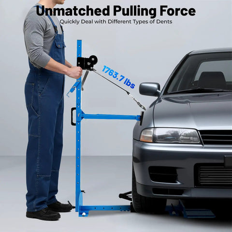 Adjustable Car Dent Repair Puller Heavy Duty Auto Body Repair Tool With Up To 1764 Lbs Pulling Power Works On Multiple Angles To Safely Remove Dents Without Damaging Finish For DIY Car Body Repair, blue steel frame on car front