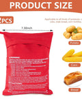 Two Pack Microwave Potato Bags Reusable Baked Potato Pouches Red shown with dimensions and uses for potatoes, corn, bread