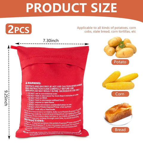 Two Pack Microwave Potato Bags Reusable Baked Potato Pouches Red shown with dimensions and uses for potatoes, corn, bread