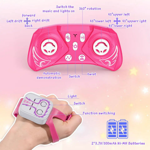 Controller and watch for Pink Gesture Sensing Remote Control Car For Kids Age 6 To 12 4WD Hand Controlled Stunt RC Car With Lights And Music.