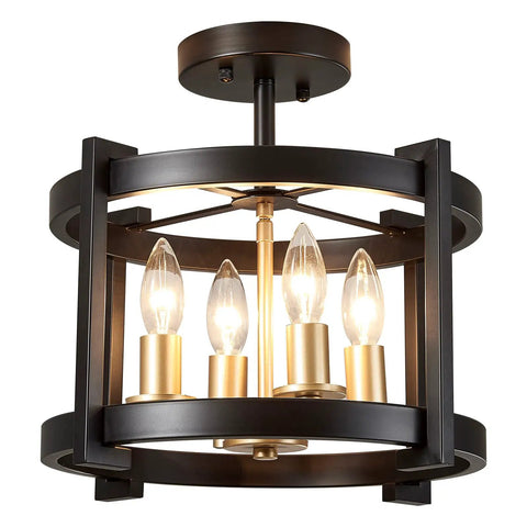 4 Light Dope Semi Flush Mount Ceiling Light Fixture In Black And Gold Farmhouse Rustic Vintage Style For Hallway Entryway Gazebo Kitchen Dining Room And Bedroom UL Listed