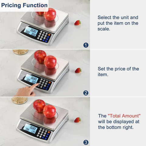 Beefy 110 Pound Food Scale With Price Computing for kitchen and industry, showing pricing function with apples, 304 stainless steel.