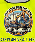 Hella High Visibility Safety Vest Featuring Fully Customizable Team Logos And Heavy Duty Reflective Strips with construction-themed graphic design.