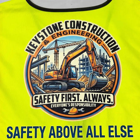 Hella High Visibility Safety Vest Featuring Fully Customizable Team Logos And Heavy Duty Reflective Strips with construction-themed graphic design.