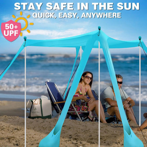 Beach Canopy Tent 11 By 11 Ft With 6 Sandbags, 4 Stability Poles, Extra Windproof Ropes in use on a beach