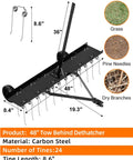 48 Inch Tow Behind Dethatcher with 24 rustproof tines and heavy duty tires for lawn tractors clearing grass and debris