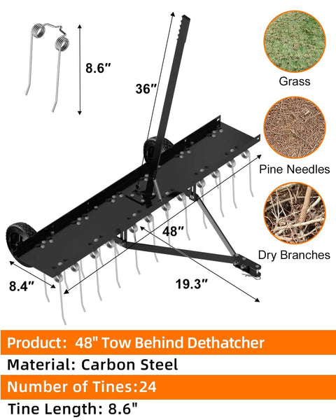 48 Inch Tow Behind Dethatcher with 24 rustproof tines and heavy duty tires for lawn tractors clearing grass and debris