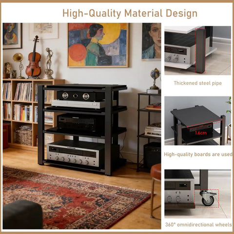 Heavy Duty Audio Component Rack With Smooth Locking Wheels Four Tier Black AV Media Stand Park Your Studio Gear In Style Solid As A Rock For Every Setup
