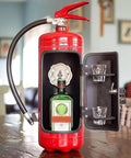 Fire Extinguisher Mini Bar With Concealed Liquor Cabinet To Stash Your Top Shelf Booze, features lockable interior and shot glass storage.