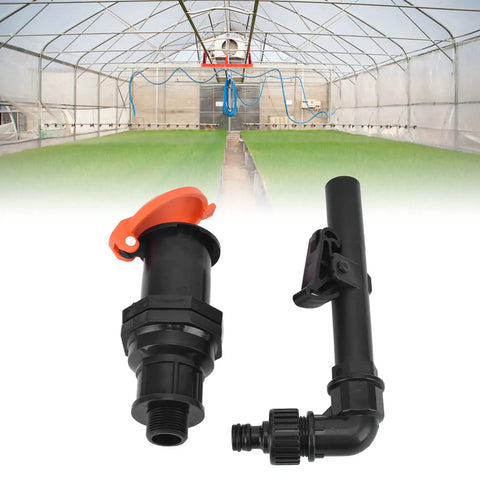 Heavy Duty Hose Water Intake Connector That Slams Shut To Stop Leaks Fast For Your Irrigation System, Lawn Sprinklers, And Greenhouse Gardens In Style. black ABS G3/4 hose connector shown with orange cap for greenhouse irrigation