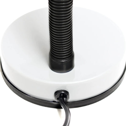 Base of Basic Metal Desk Lamp With Flexible Hose Neck In White Finish, featuring on/off switch and black cable connection for office use.