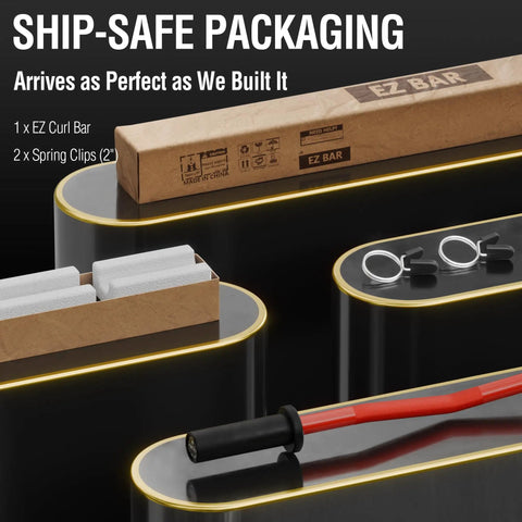 EZ Curl Bar 2 Inch Olympic Curl Bar for Biceps and Triceps 47 Inch with packaging and spring clips displayed