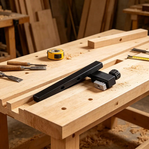 T Slot Track Positioning Stop With Hand Tightening Knob for DIY Woodworking Projects on wooden workbench with tools