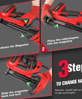 3-step guide for using the 2 In 1 Electric Brad Nailer And Staple Gun With 18 Gauge Nails, showing magazine release and nail placement.