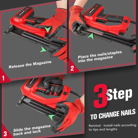 Smooth Shooting 2 In 1 Corded Electric Brad Nailer And Staple Gun, showing step-by-step nail change with red gloves.